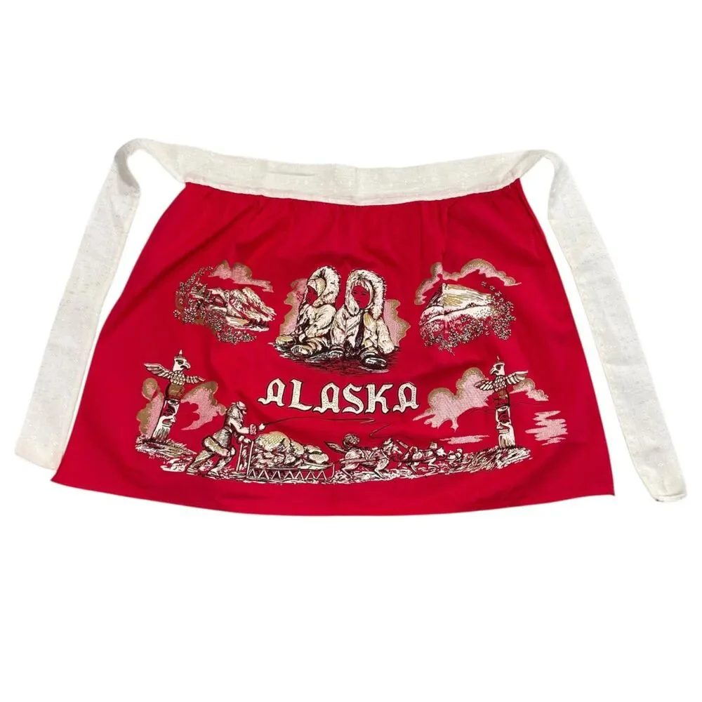 Vintage Alaska Souvenir Scenic Half Apron Kitschy Farmhouse Never Used Retro Red